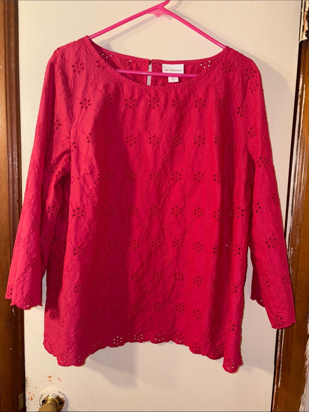 Liz Claiborne Pink Eyelet Scoop Neck Mid Sleeve Blouse